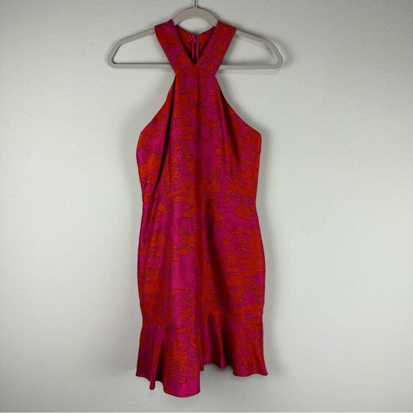 Hutch Hot Pink Orange Floral High Neck Peplum Hem Dress Size 4 - Picture 1 of 5
